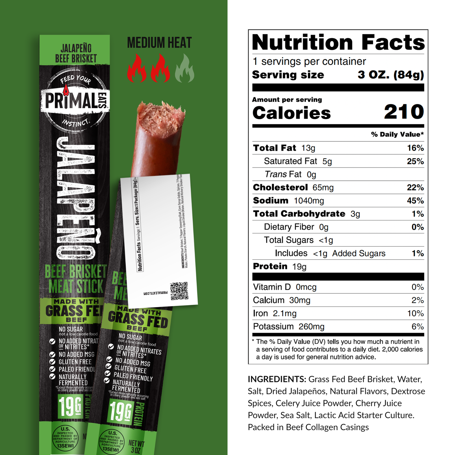 Jalapeño Grass-Fed 3oz Beef Brisket Meat Sticks