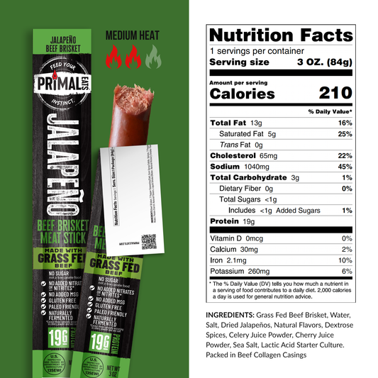 Jalapeño Grass-Fed 3oz Beef Brisket Meat Sticks