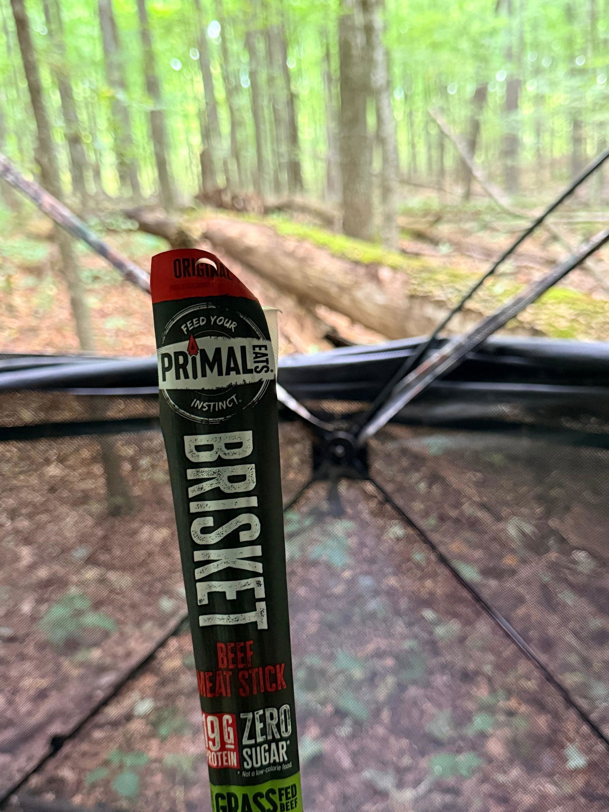 Customer photo of a Brisket meat stick in a hunting blind (Corey H. review)